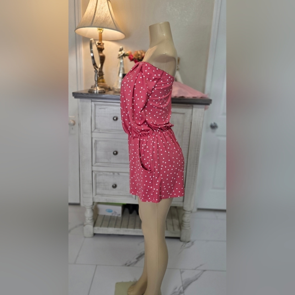 Ariella Pink and White Polka Dot Romper - Picture 2 of 4